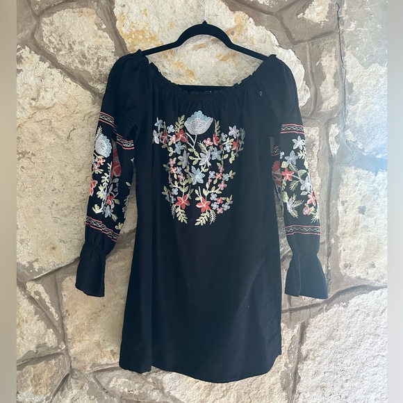 FREE PEOPLE FLEUR DU JOUR OFF-THE-SHOULDER EMBROIDERY DRESS BLACK - Picture 6 of 8